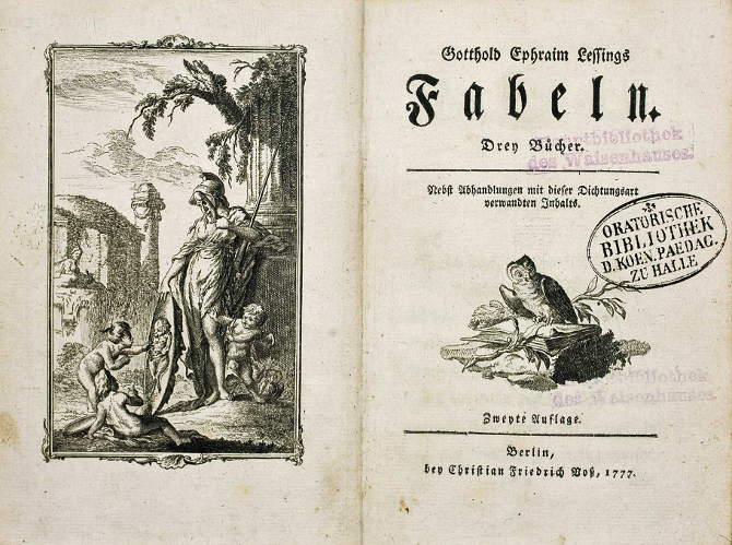 Frontispiz und Titelseite von Gotthold Ephraim Lessings Fabeln