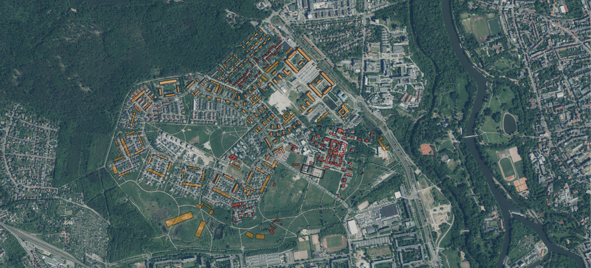 Luftbild Heide-Süd Projektion der Gebäude der Luft- und Heeresnachrichtenschule auf ein Satellitenbild