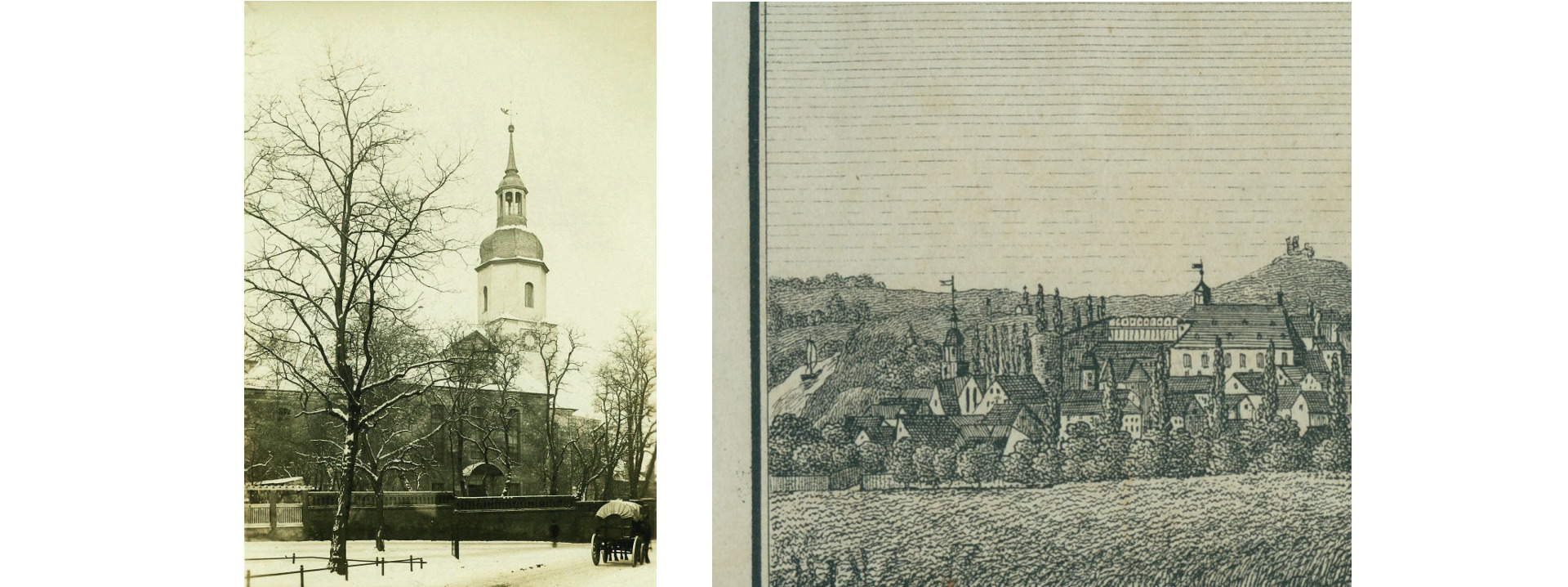 Glaucha von Süden, Ausschnitt aus einem Kupferstich, ca. 1820 und St. Georgen, Foto, um 1900 (Stadtarchiv Halle)
