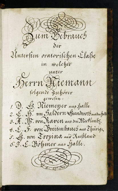Widmung mehrerer Schüler aus dem Jahr 1756. Zu finden in: Friedrich Carl von Moser Der Christ in der Freundschaft, 1754. 